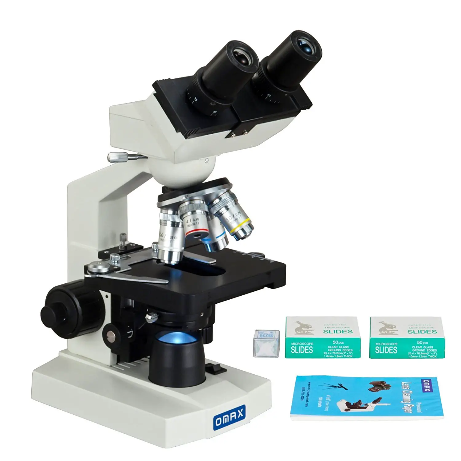 Awarded Best Compound Microscope 2016 - OMAX 40X-2000X Lab LED Binocular Microscope with Double Layer Mechanical Stage w Blank Slides Covers and Lens Cleaning Paper